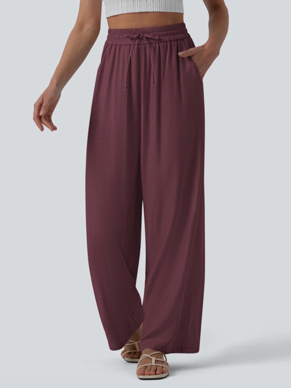 High Waisted Drawstring Wide Leg Casual Linen-Blend Pants with Pockets
